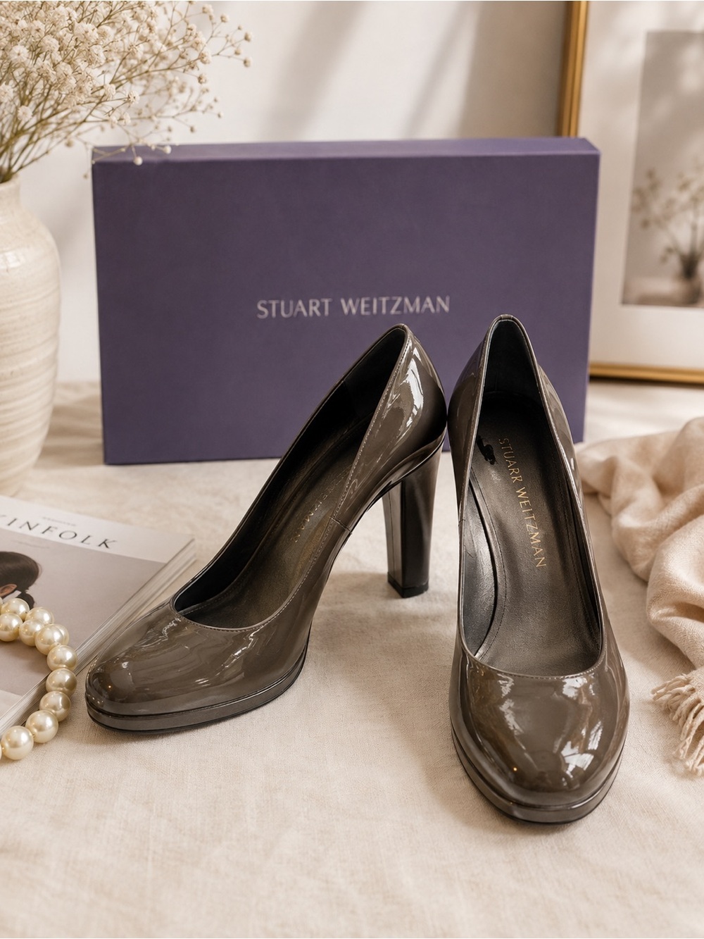 Stuart Weitzman Metallic Taupe Patent Platform Pumps 9.5N